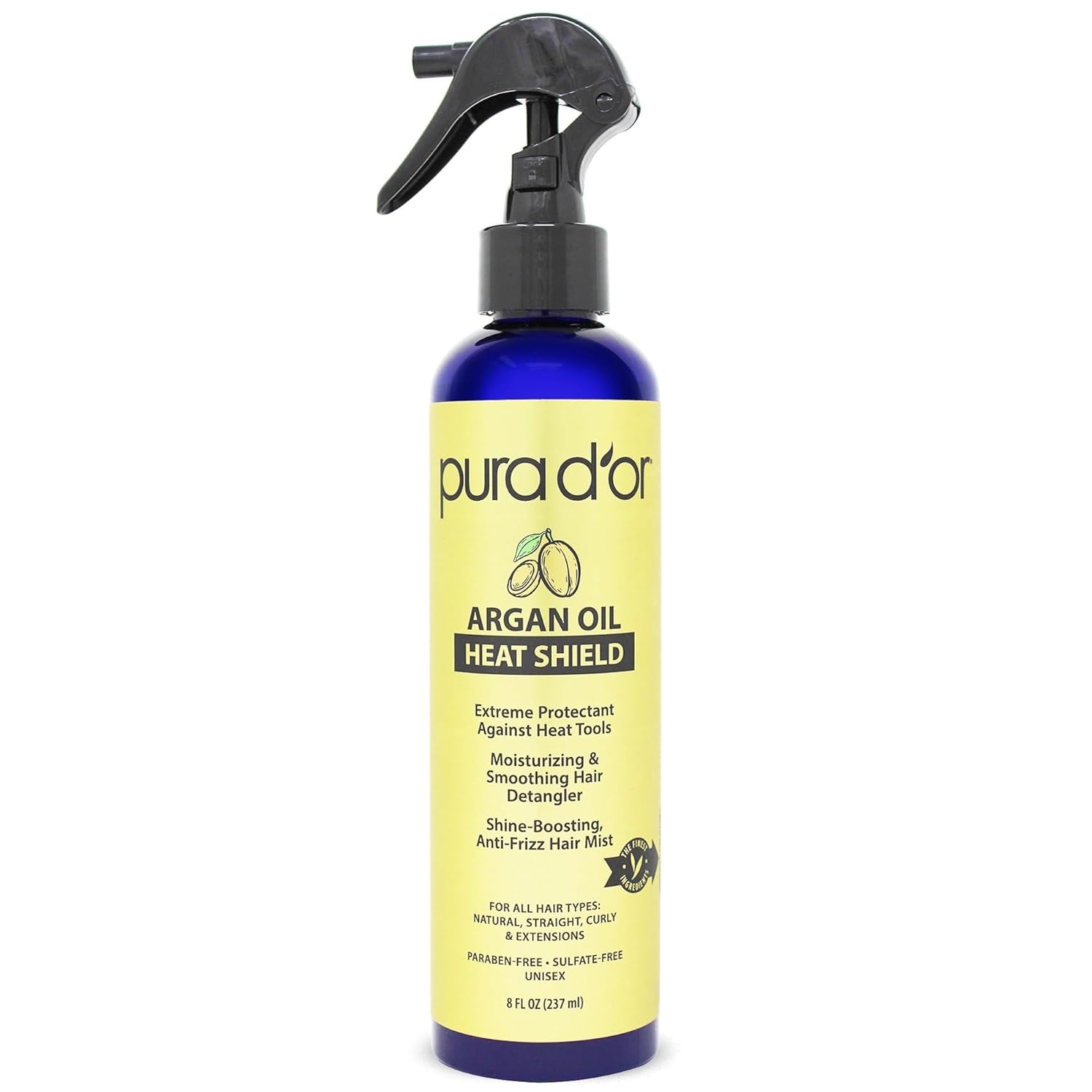 PURA D'OR 8 Oz Argan Oil Heat Shield Protectant Spray with Select Organic Ingredients, Protects Up To 450º F From Flat Iron & Hot Blow Dry, Leave-In, Define & Shine Dry & Damaged Hair