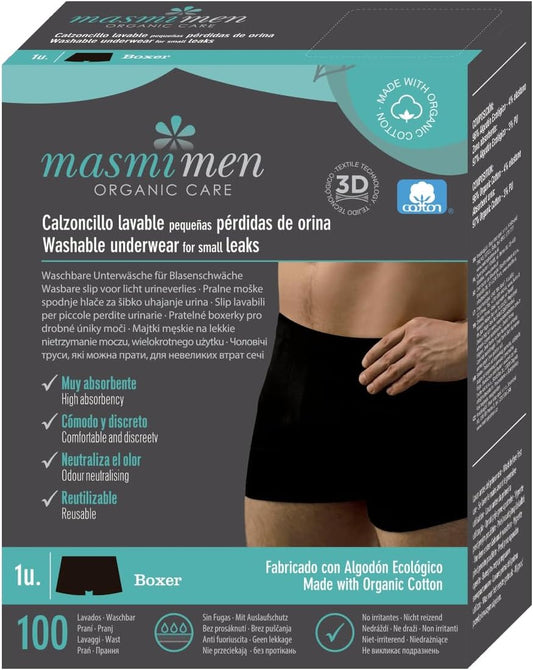 Organic Incontinence Men Boxer Shorts Washable Up To 100 X Reusable Black Masmi Reuse (S)