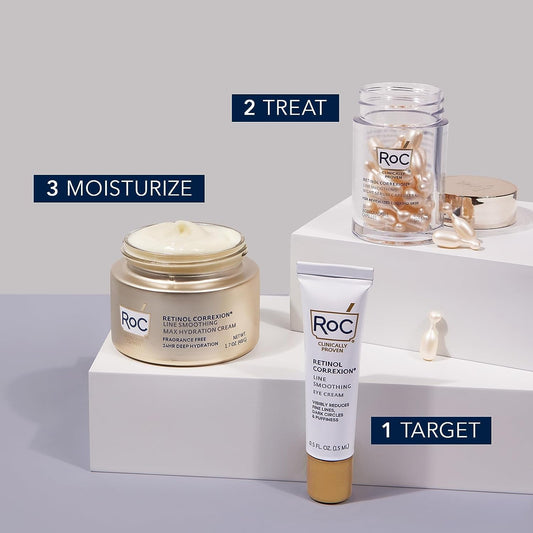 Roc Retinol Correxion Line Smoothing Eye Cream + Retinol Serum Capsules For Night + Max Hydration Crème With Hyaluronic Acid For Day, Skin Care Routine For Women And Men