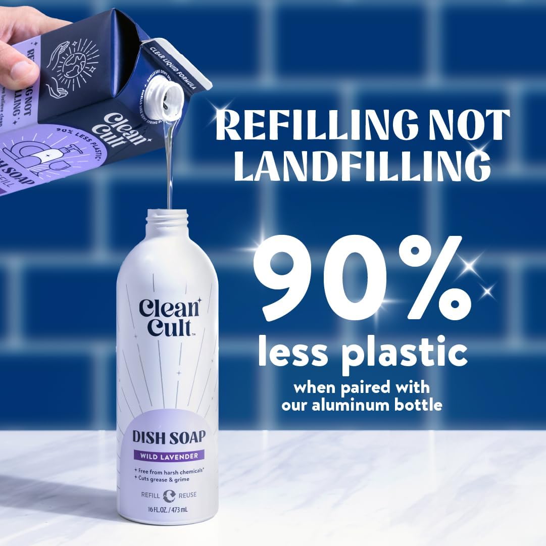 Cleancult Dish Soap Liquid Refills (32oz, 1 Pack) - Dish Soap that Cuts Grease & Grime - Free of Harsh Chemicals - Paper Based Eco Refill, Uses 90% Less Plastic - Wild Lavender : Health & Household
