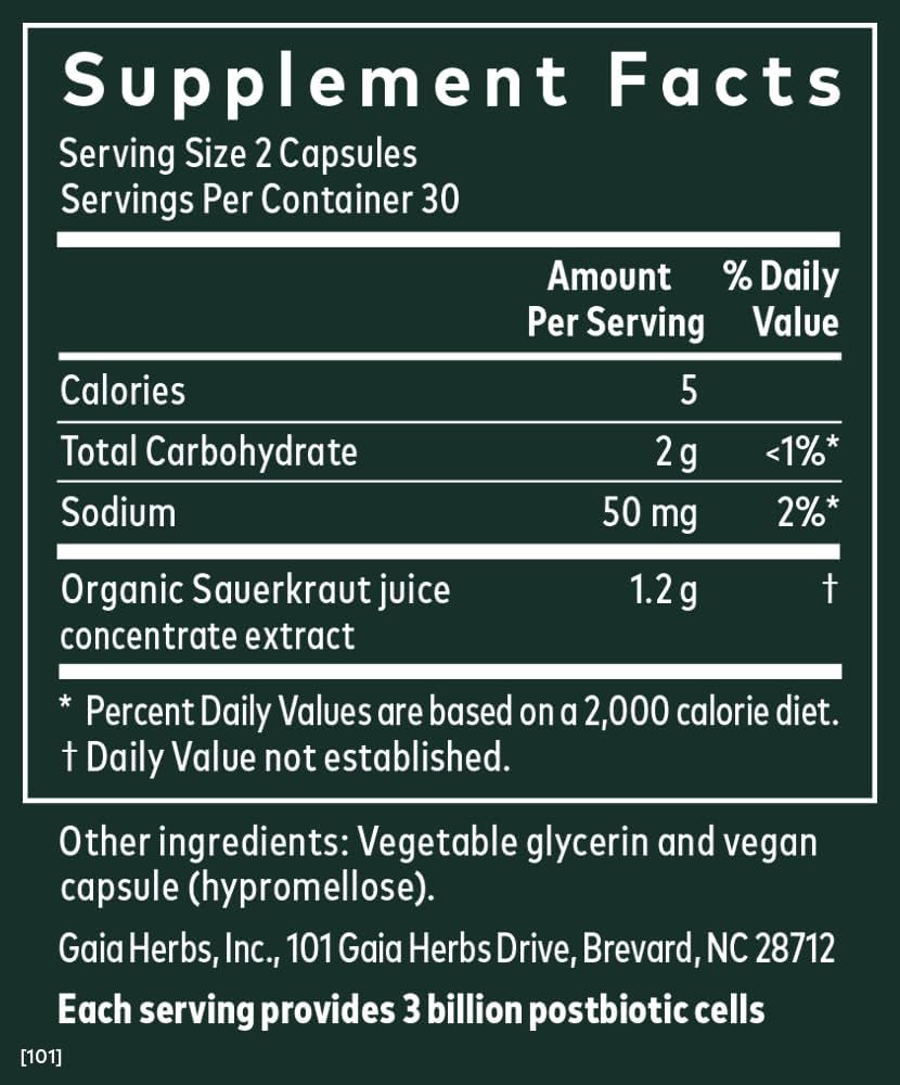 Gaia Herbs Sauerkraut Postbiotic, 60 Capsules