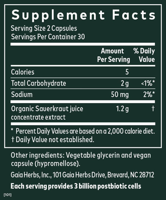 Gaia Herbs Sauerkraut Postbiotic, 60 Capsules