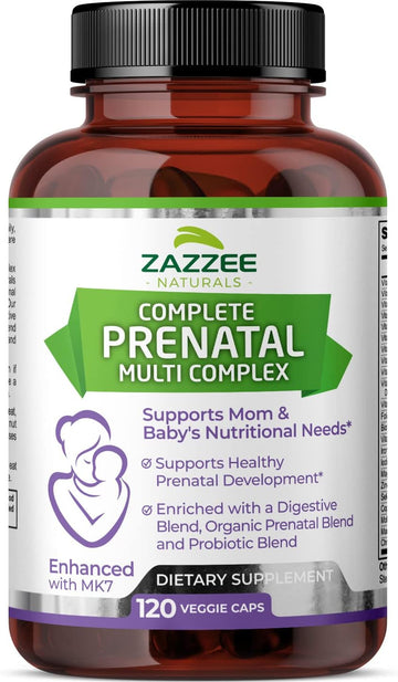 Zazzee Extra Strength Complete Prenatal Multi Complex, 120 Vegan Capsules, 2 Month Supply, 23 Essential Vitamins & Minerals, Mk7, 10 Billion Cfu Probiotics, Prenatal Enzymes, Organic Herbal Blend