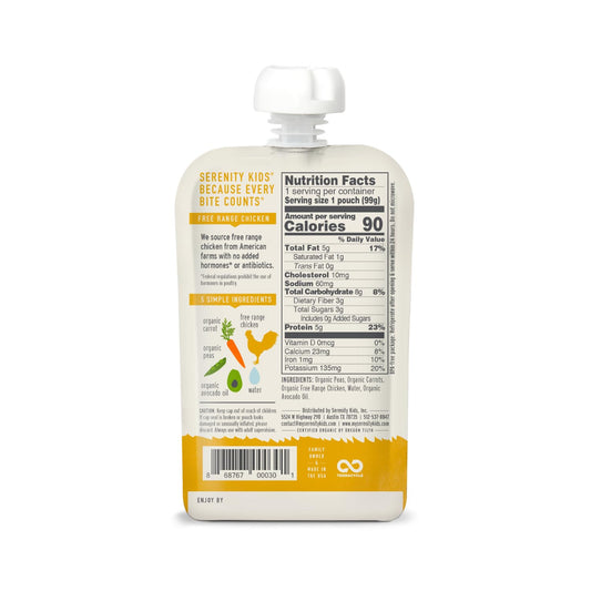 Serenity Kids 6+ Months Baby Food Pouches Puree Made With Ethically Sourced Meats & Organic Veggies | 3.5 Ounce Bpa-Free Pouch | Free Range Chicken, Pea, Carrot | 1 Count