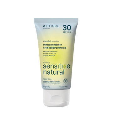ATTITUDE Mineral Sunscreen for Sensitive Skin, EWG Verified, Broad Spectrum UVA/UVB, Dermatologically Tested, Plant and Mineral-Based Formula, Vegan, SPF 30, Unscented, 5.2 Oz