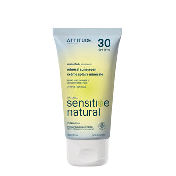 Attitude Mineral Sunscreen For Sensitive Skin, Ewg Verified, Broad Spectrum Uva/Uvb, Dermatologically Tested, Plant And Mineral-Based Formula, Vegan, Spf 30, Unscented, 5.2 Oz