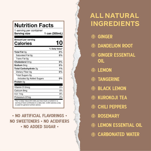 Rishi Tea Dandelion Ginger Sparkling Botanicals Sparkling Water - Organic, Unsweetened, Zero Added Sugar, Caffeinated, Craft-Brewed From Real Plants - 12 Oz (Pack Of 12)
