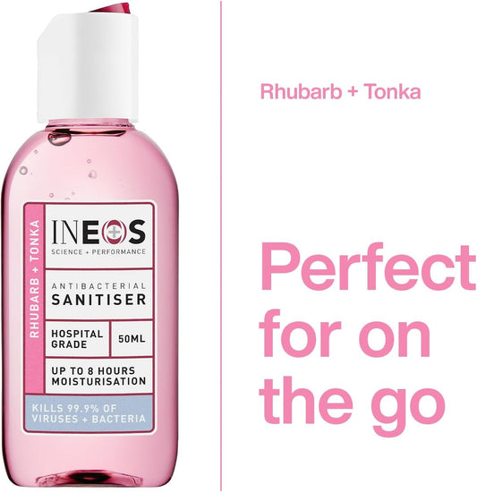 Ineos Mini Antibacterial Hand Sanitiser Gel 50Ml - Rhubarb & Tonka - Hospital Grade Disinfectant, Eliminates 99.9% Of Viruses And Bacteria, 12 X 50Ml, Travel, Holiday, And Festival Essentials