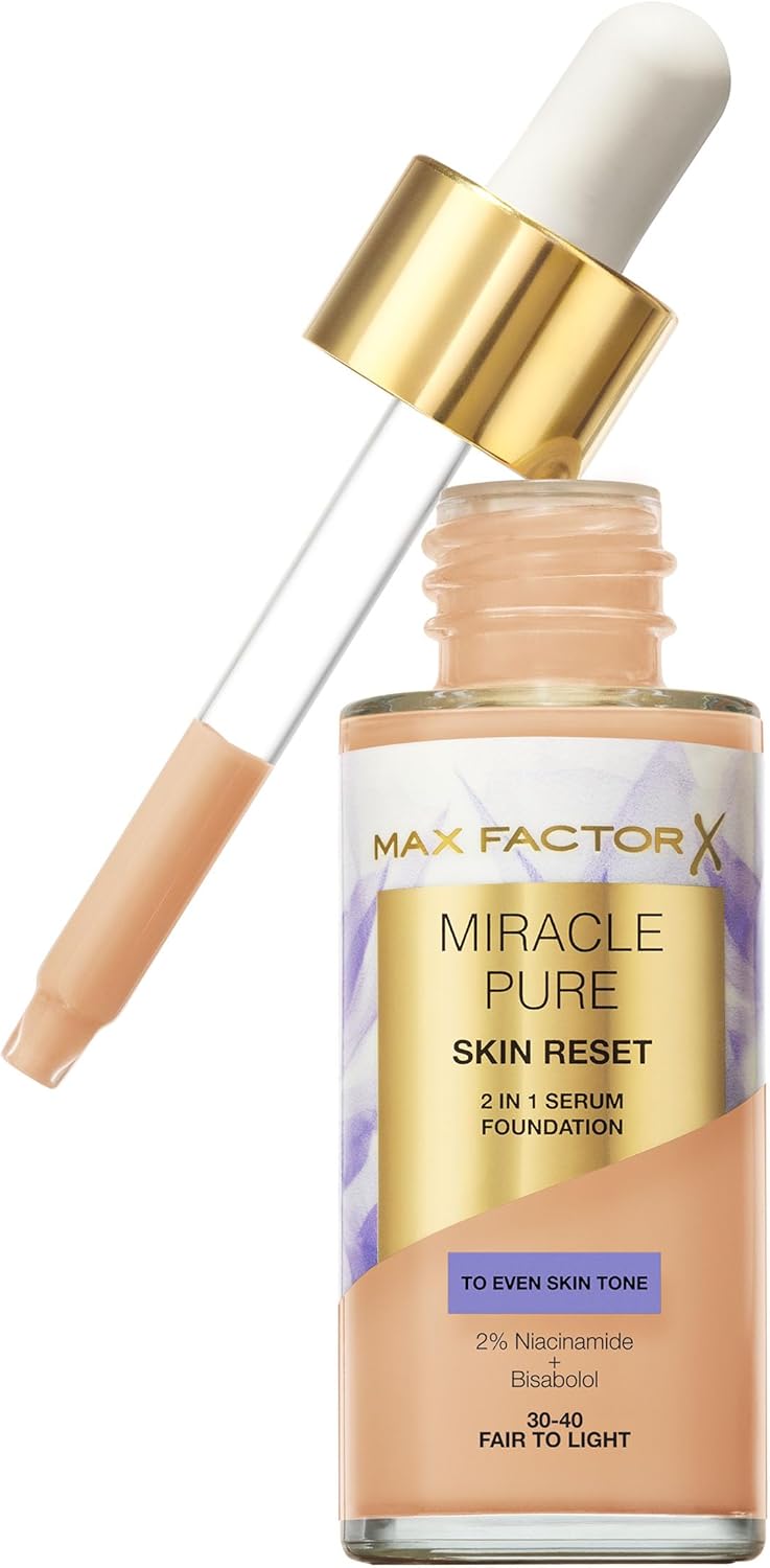 Max Factor Miracle Pure Skin Reset Serum Foundation, 70-85 Medium Cool, 2-In-1 Serum Formula, Healthy Looking Skin, Medium Coverage, Satin Matte Finish, 2% Niacinamide, Dermatologically Tested, 30Ml