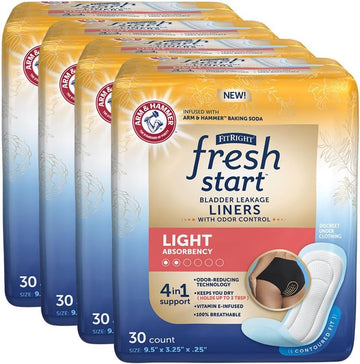 FitRight Fresh Start Urinary and Postpartum Incontinence Liners for Women, Light Absorbency, with The Odor-Control Power of ARM & HARMMER Baking Soda (120 Count, 4 Packs of 30)