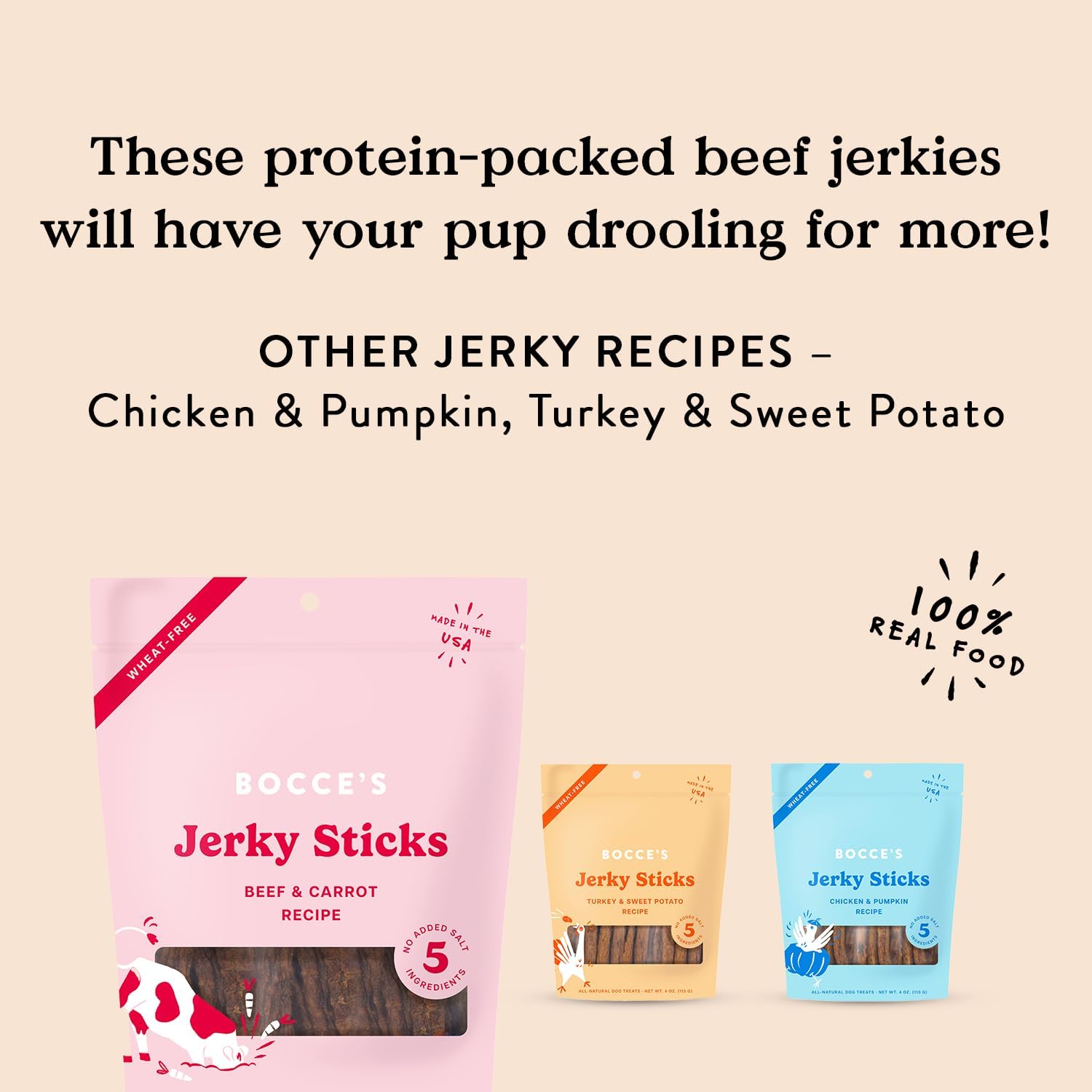 Bocce's Bakery Jerky Stick Dog Treats, Wheat-Free, Made with Limited-Ingredients, Baked in The USA with No Added Salt or Sugar, All-Naural & High-Protein, Beef & Carrot Recipe, 4 oz : Pet Supplies