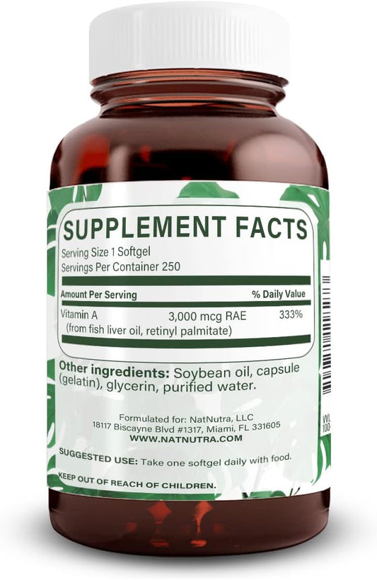 Natural Nutra Vitamin A 10,000 Iu, Dietary Supplement From Cod Liver Oil, Extra Strength For Eye, Nails Health With Omega 3, Gluten Free 250 Softgels