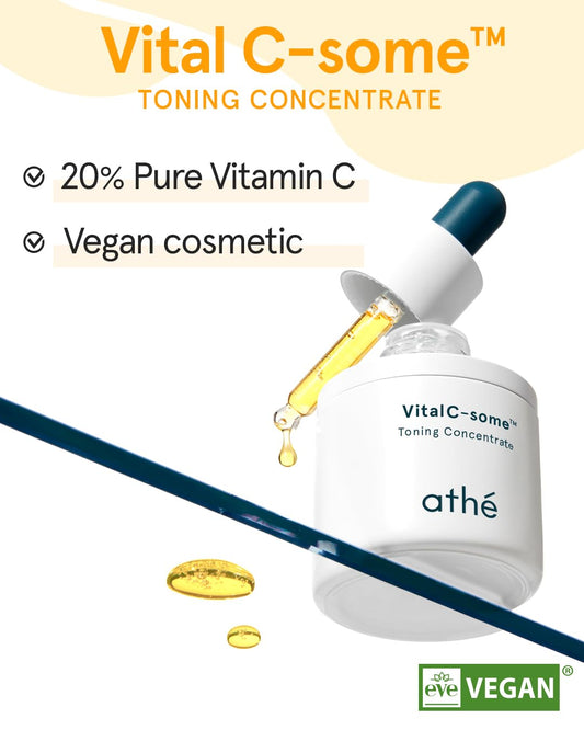 Athe Vital C-Some Toning Concentrate, Anti-Aging & Radiance Face Ampoule With Pure Vitamin C For Blemishes And Freckles, Korean Vegan Serum Targets Age Spots & Smooths Skin, 0.67 Fl.Oz