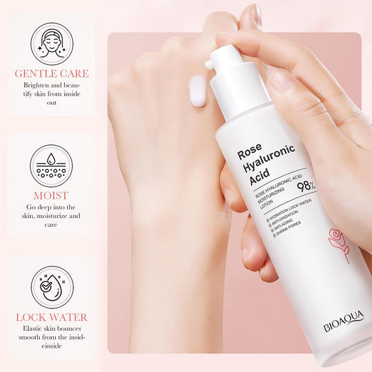 Bioaqua 98% Rose Extract Hyaluronic Acid Facial Moisturizing Lotion Face Neck Hydration Anti-Oxidation Shrink Pores Anti-Aging 100Ml/3.38Fl.Oz
