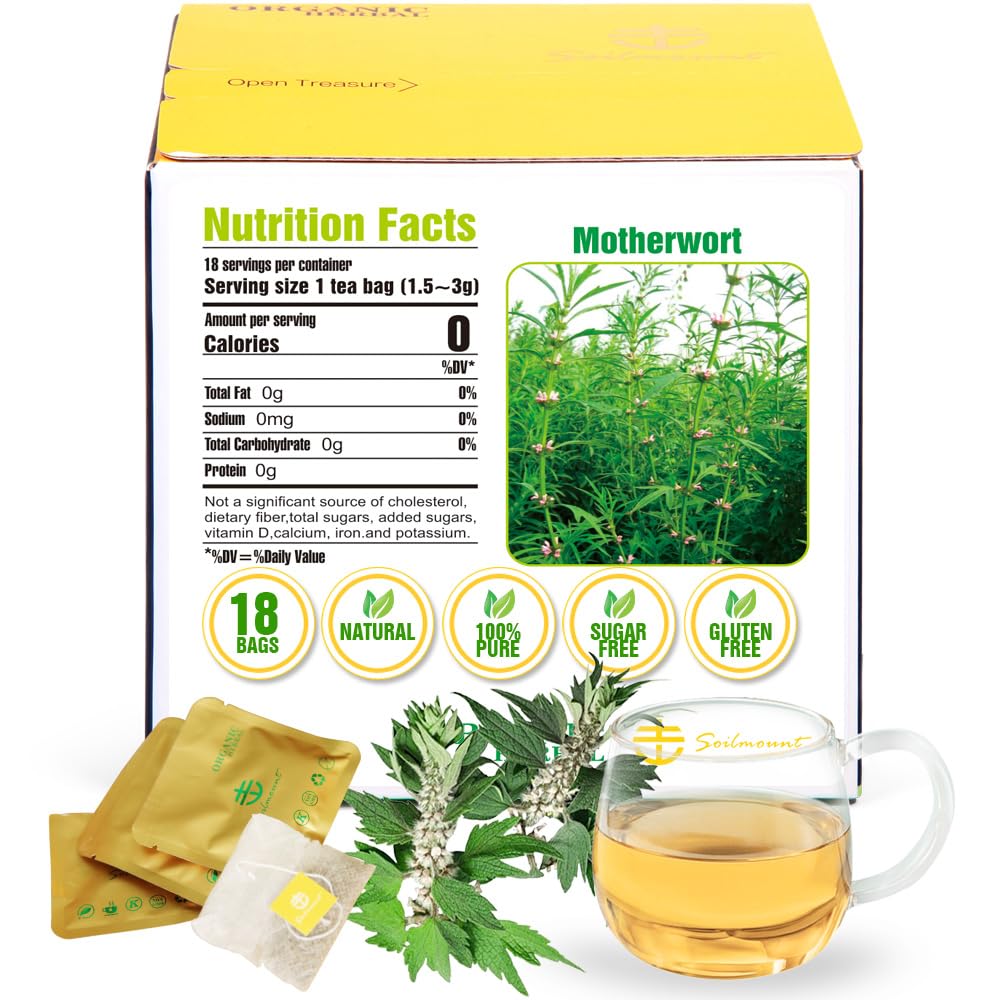Soilmount 100% Natural Motherwort Tea, Dried Motherwort, Leonurus Japonicus, Chinese Herba, Decaffeinated Loose Leaf Tea, (Leonurus Cardiaca/Yimucao//) Caffeine-Free, 18 Bleach-Free Tea Bags