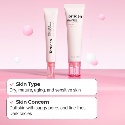 Torriden Cellmazing Eye Cream With An Eye Massager 1.01 Fl.Oz + Firming Cream 2.02 Fl.Oz | 5D Collagen Complex | Helps To Reduce Wrinkle | Korean Skin Care