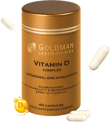 Liposomal Vitamin D, Goldman Laboratories - 2000 Iu - Patented Complex Vitamin D3 K2-Mk7 C - Maximum Bioavailability - Immunity, Bones, Teeth, Joints, Good Mood – 60 Capsules - Slow Release