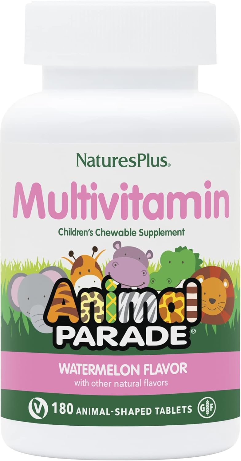 Natures Plus Animal Parade Children'S Chewable Multivitamin, Watermelon - 180 Animal-Shaped Tablets - Promotes Health & Well-Being - Vegan, Gluten Free - 90 Servings