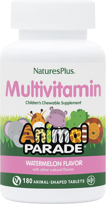 Natures Plus Animal Parade Children'S Chewable Multivitamin, Watermelon - 180 Animal-Shaped Tablets - Promotes Health & Well-Being - Vegan, Gluten Free - 90 Servings