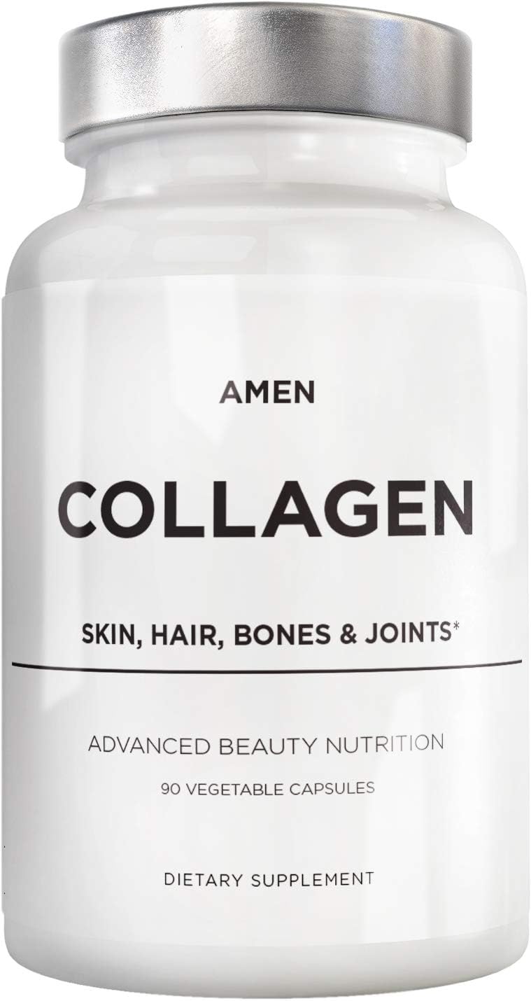 Amen Multi Collagen Peptides Capsules With Hyaluronic Acid And Vitamin C - 5 Types Of Collagen Protein Type I, Ii, Iii, V, X - Grass Fed Hydrolyzed - 18 Amino Acids - Collagen Supplement - 90 Pills