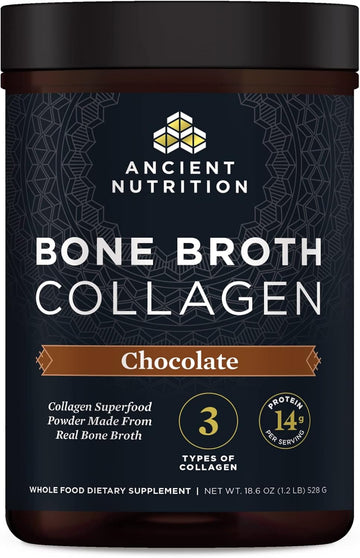 Collagen Powder, Bone Broth Collagen By Ancient Nutrition, Chocolate, Hydrolyzed Multi Collagen Peptides, Supports Skin And Nails, Joint Supplement, 30 Servings, 18.6Oz