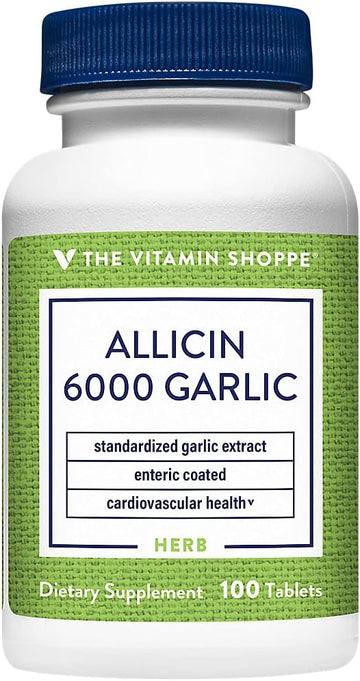 The Vitamin Shoppe Allicin 6000mcg Garlic, 650mg,Promotes Healthy Cholesterol and Overall Hearth Health, Take Once Daily (100 Tablets)