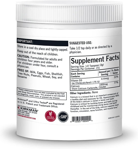 Kirkman – Purest Calcium With Vitamin D-3 –– 454 Gm– 16 Oz Powder - Unflavored - Hypoallergenic –– Minerals –– Gluten & Casein Free –– Tested For More Than 950 Environmental Contaminants