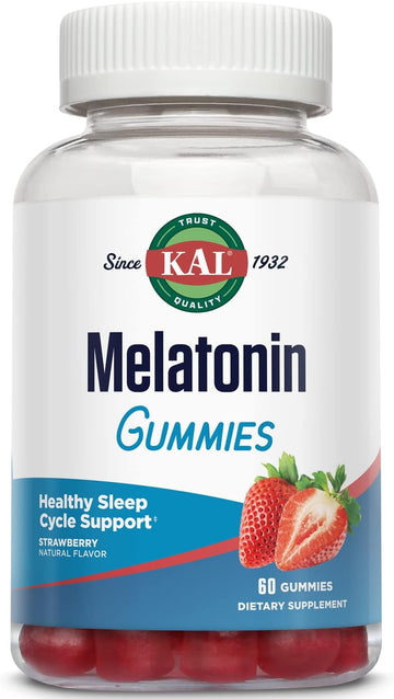 KAL Melatonin Gummies, Melatonin 5mg Sleep Aid, Healthy Relaxation, Sleep Duration, Quality, and Calmness Support Formula, Vegetarian, Gluten Free, Natural Strawberry Flavor, 30 Servings, 60 Gummies