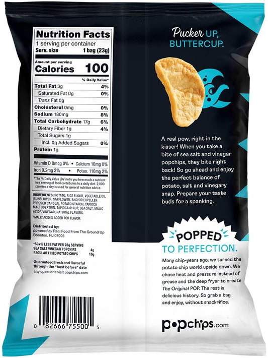 Popchips Potato Chips, Sea Salt & Vinegar Potato Chips, Single Serve Bags (0.8 Oz), Gluten Free, Low Fat, No Artificial Flavoring (Pack Of 24)
