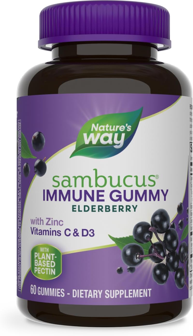 Nature’S Way Sambucus Elderberry Immune Gummies, Daily Immune Support For Kids And Adults*, With Vitamin C, Vitamin D3, Zinc, Gluten Free, Vegetarian, 60 Gummies (Packaging May Vary)