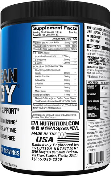 Evl Bcaa Lean Energy Powder - Pre Workout Green Tea Fat Burner Support With Bcaas Amino Acids And Clean Energizers - Post Workout Recovery Drink For Lean Muscle Recovery - Cherry Limeade