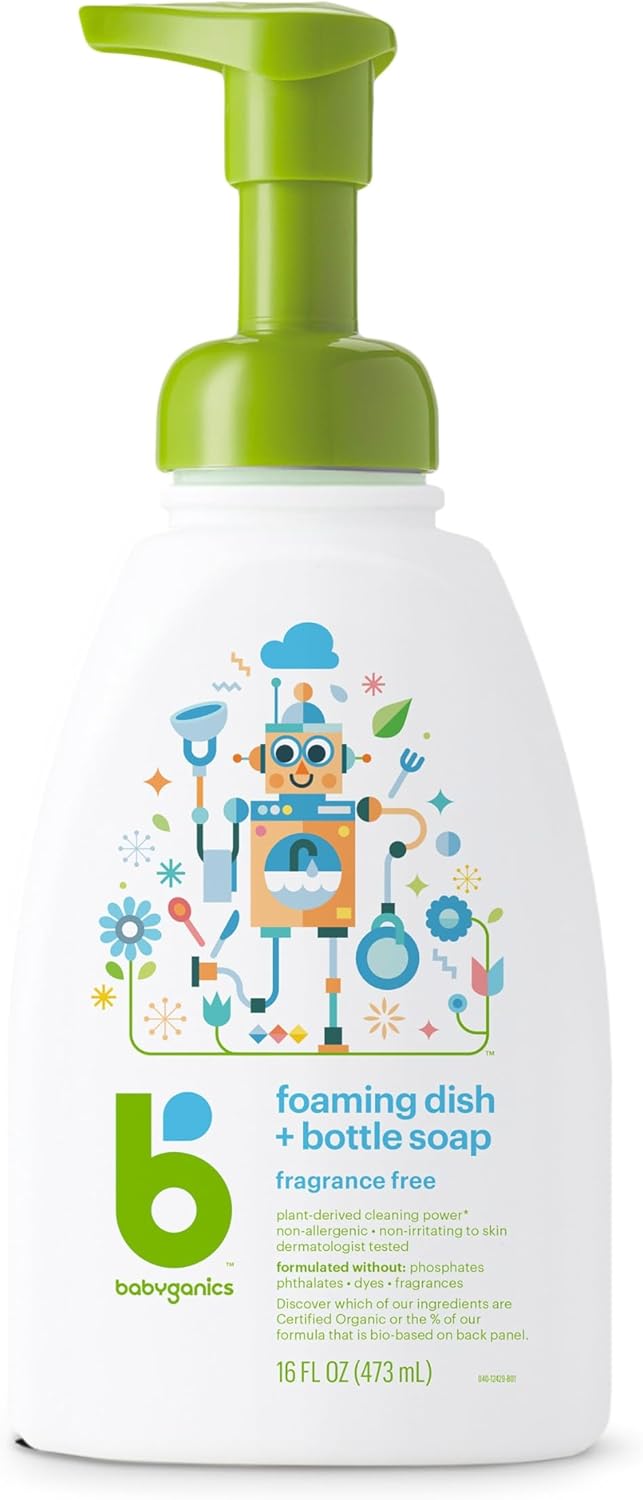 Babyganics Foaming Dish & Bottle Soap, Pump Bottle, Fragrance Free, Plant-Derived Cleaning Power, Removes Dried Milk, 16 Fl Oz