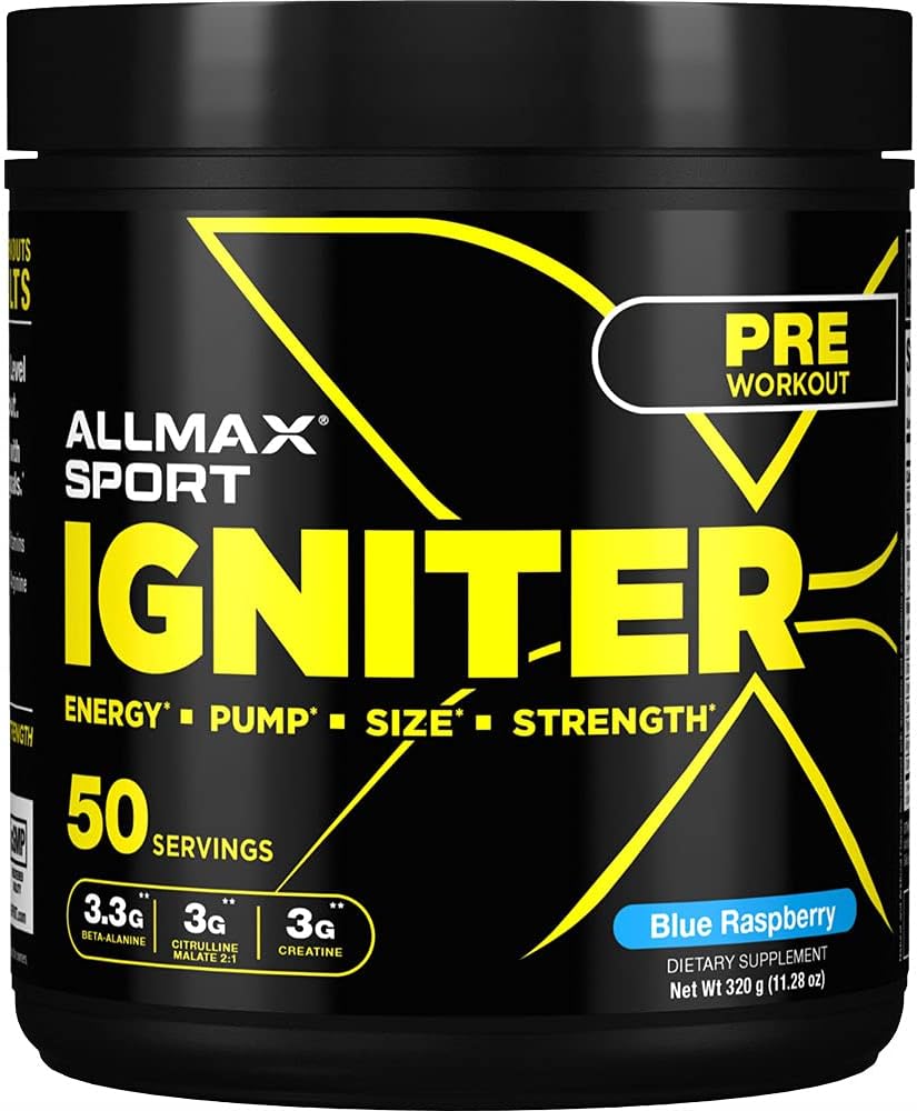 Allmax Igniter Sport, Blue Raspberry - 330 G - Pre-Workout Formula - With Caffeine, L-Citrulline, L-Arginine, Creatine & Beta Alanine - Up To 50 Servings