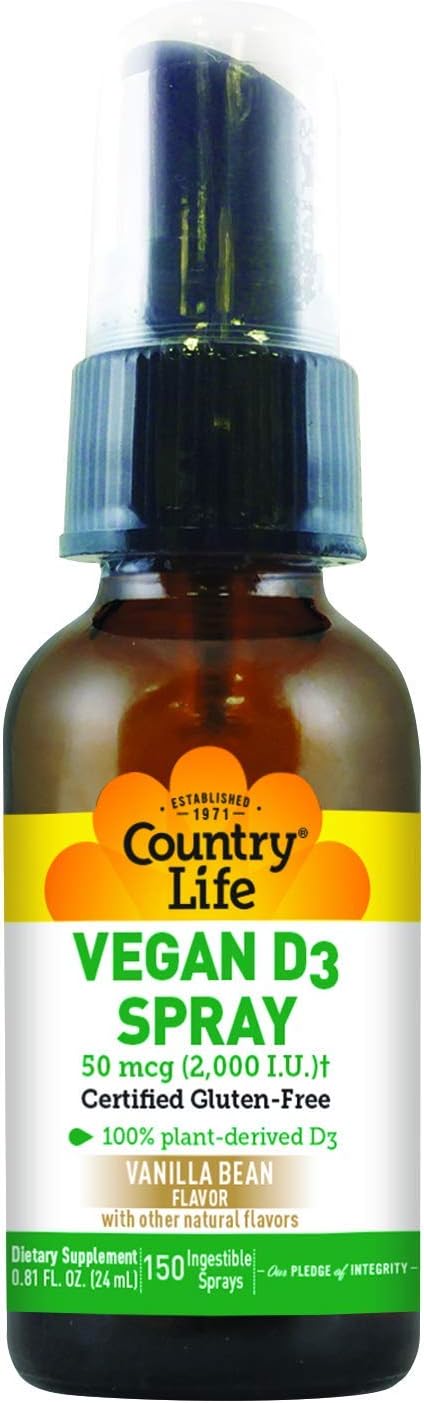Country Life Vegan D3 Spray, 2,000 Iu Vanilla Bean Flavor, 150 Vegetarian Sprays, Certified Gluten Free, Certified Vegetarian
