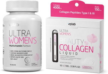 Vplab Women'S Beauty Bundle - Multivitamin Caplets & Liquid Collagen For Hair, Skin, Nails - Biotin, Iron, Vitamin B, D, C & Zinc - Essential Daily Health Support, 90 Caplets + 10 Tubes