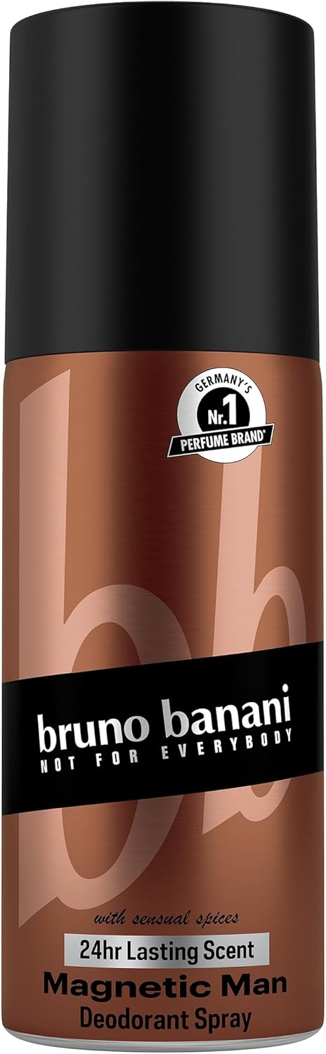 Bruno Banani Magnetic Man Deodorant Body Spray, Body Spray With Captivating Woody Amber Note, 24-Hour Hold, 150 Ml