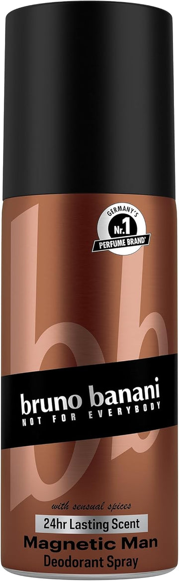 Bruno Banani Magnetic Man Deodorant Body Spray, Body Spray With Captivating Woody Amber Note, 24-Hour Hold, 150 Ml