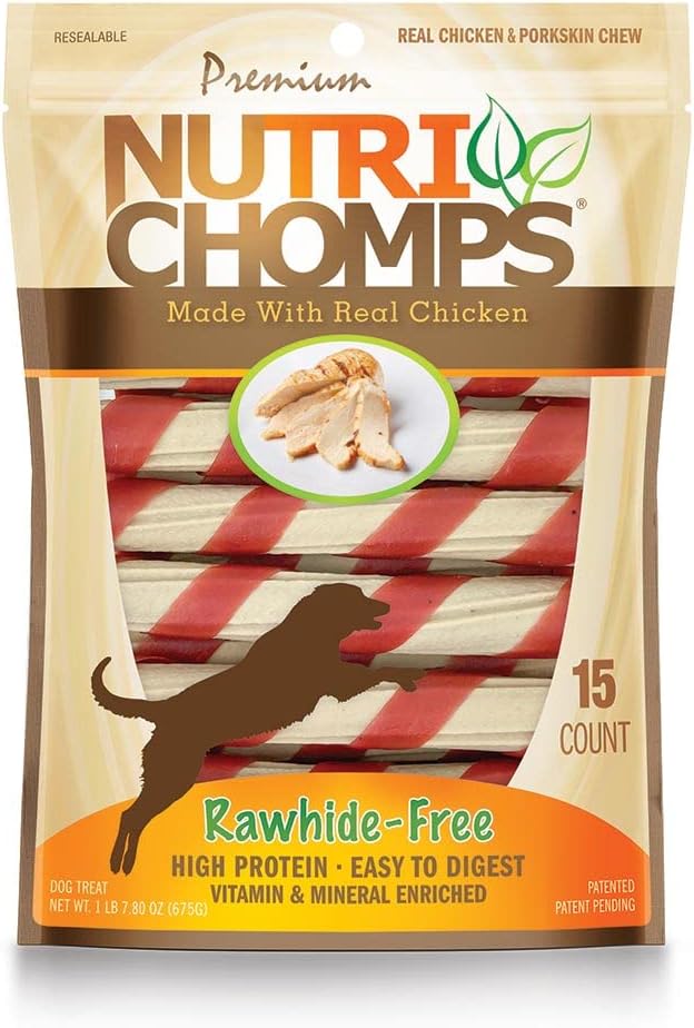 Nutrichomps Dog Chews, 6-Inch Twists, Easy To Digest, Long Lasting, Rawhide-Free Dog Treats, 15 Count, Real Chicken Flavor
