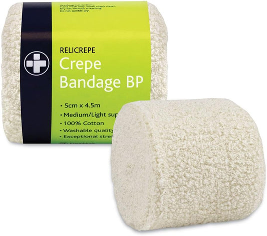 Reliance Medical White Bp Grade Cotton Relicrepe Crepe Bandage Soft, Comfortable, Medium/Light Support And Non-Sterile Bandage Designed For Sprains, Strains, And Minor Aches (7.5Cm X 4.5M, Pack Of 10)