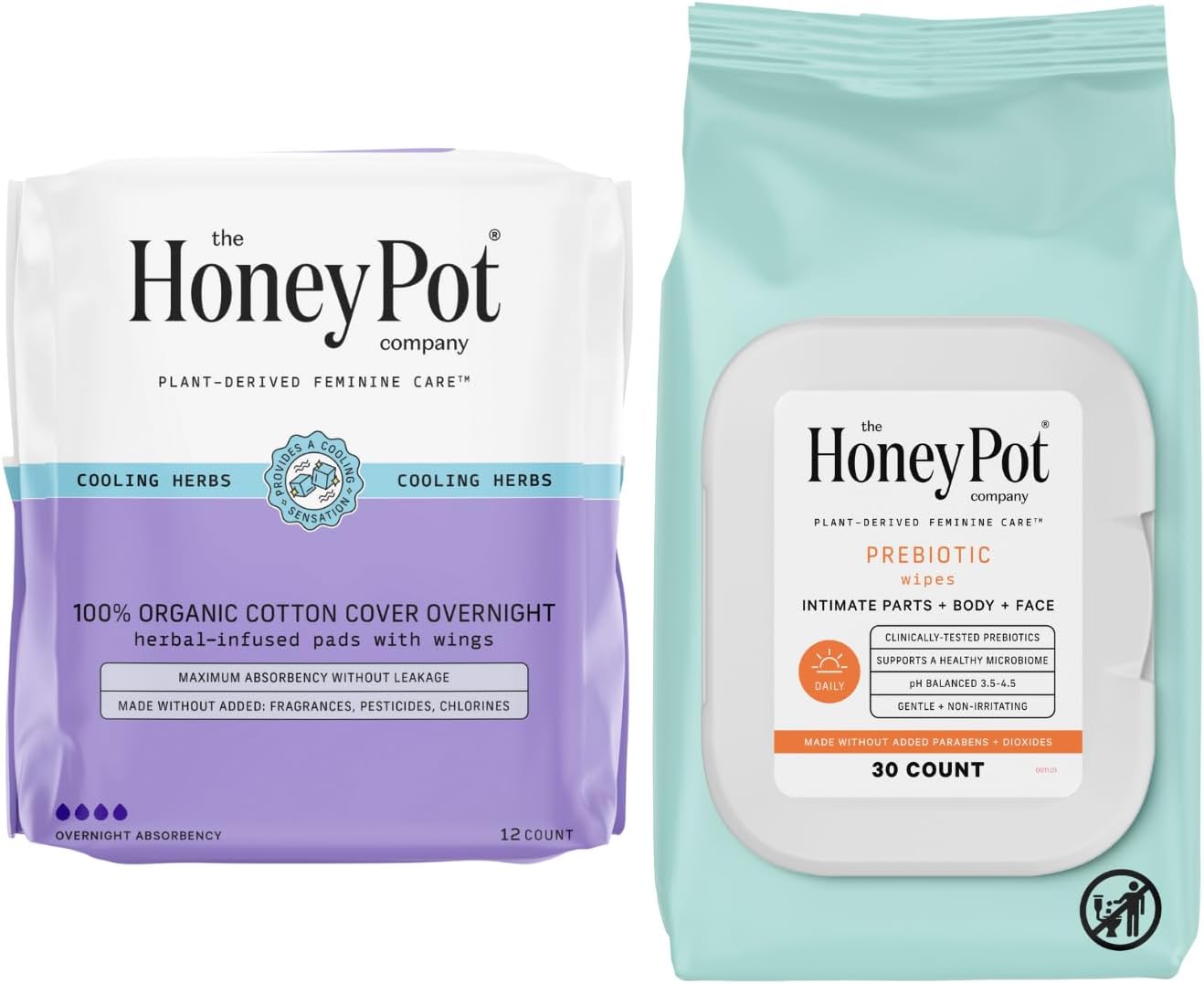 The Honey Pot Company - Overnight Pads & Prebiotic Feminine Wipes Bundle - Herbal Infused W/Essential Oils - Natural Hygiene Feminine Products - Sanitary Pads - Feminine Care - Fsa & Hsa Eligible