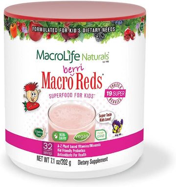 Macrolife Naturals Macro Berri Reds Multivitamin Drink Mix For Kids  All Natural W/ 1 Billion Probiotics & Enzymes To Aid Digestion & Support Immune System - Gluten Free & Vegan Ingredients