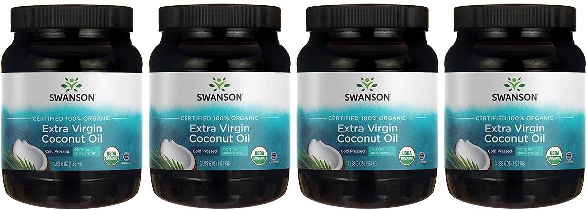 Swanson 100% Certified Organic Coconut Oil Cooking Baking Frying Beauty Efas Mcts 3 Lbs 6 Ounces (1.53 Kg) Solid Oil (4 Pack)
