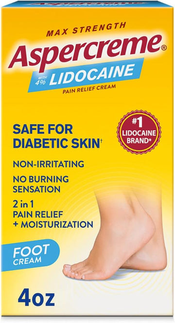 Aspercreme Lidocaine Foot Pain Relief Cream For Diabetic Skin Soothes Nerves & Moisturizes Dry Feet, Numbing Topical Analgesic With Max-Strength Lidocaine & Moisturizing Aloe, 4 Oz
