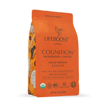 Lifeboost Cognition Adaptogenic Decaf Mushroom Coffee - Lions Mane & Chaga Nootropic Coffee - Low Acid Decaf Medium Organic Coffee - Increase Energy, Boost Focus & Immune Support - 12 Oz Bag - Ground