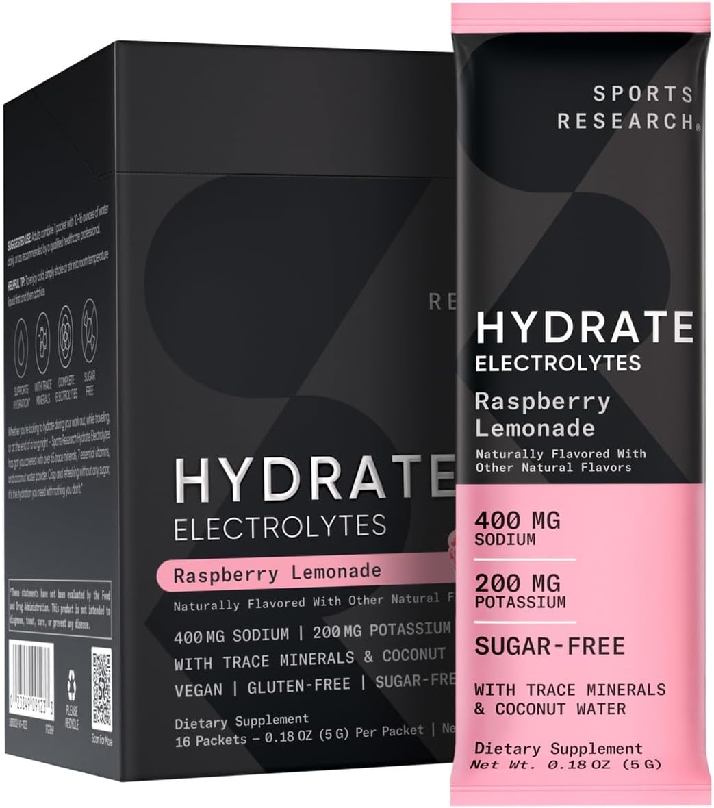 Sports Research Hydrate Electrolytes Powder Packets - Sugar-Free & Naturally Flavored With Vitamins, Minerals, And Coconut Water - Supports Hydration - 16 Packets - Raspberry Lemonade