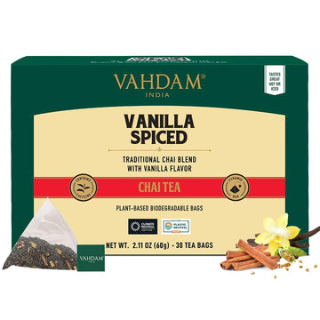 Vahdam, Vanilla Chai Tea Bags (30 Count) High Caffeine, Non Gmo, Gluten Free | Individually Wrapped, Full-Bodied & Malty | No Artificial Flavor | Blended W/Vanilla, Cappuccino & Exotic Spices