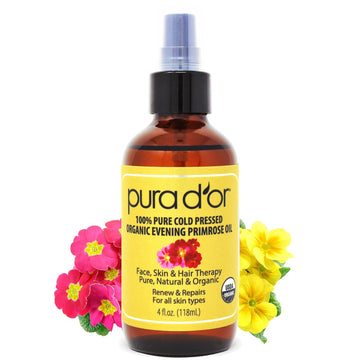 Pura D'Or Organic Evening Primrose Oil (4Oz) 100% Pure Cold Pressed W/Natural Essential Fatty Acids & Antioxidant Rich - Moisturizes, Rejuvenates, Renews & Restores - Skin, Hair & Face