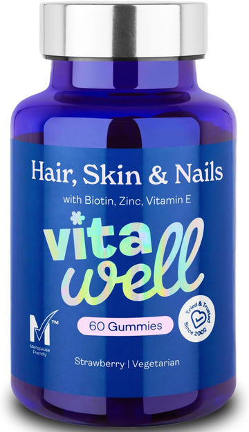 Vitawell Hair Skin & Nails Gummies | Support For Hair Growth + Skin + Nails Vitamins Chews | Complex Formula Biotin, Zinc, Selenium & Vitamin E | 60 Strawberry Flavour | | Multivitamin Gummies