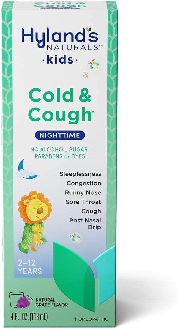 Hyland'S Kids Cold & Cough, Nighttime Grape Flavor Cough Syrup Medicine For Kids Ages 2+, Decongestant, Sore Throat, Allergy & Sleeplessness Relief Of Common Cold Symptoms, 4 Fl Oz