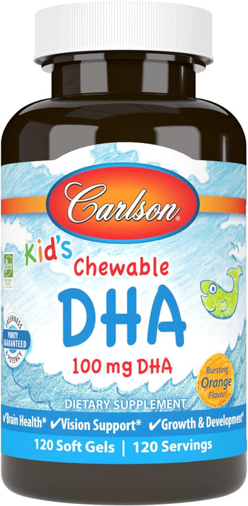 Carlson - Kid's Chewable DHA, 100 mg DHA, Brain Health, Vision Function, Growth & Development, Orange, 120 Chewable Softgels